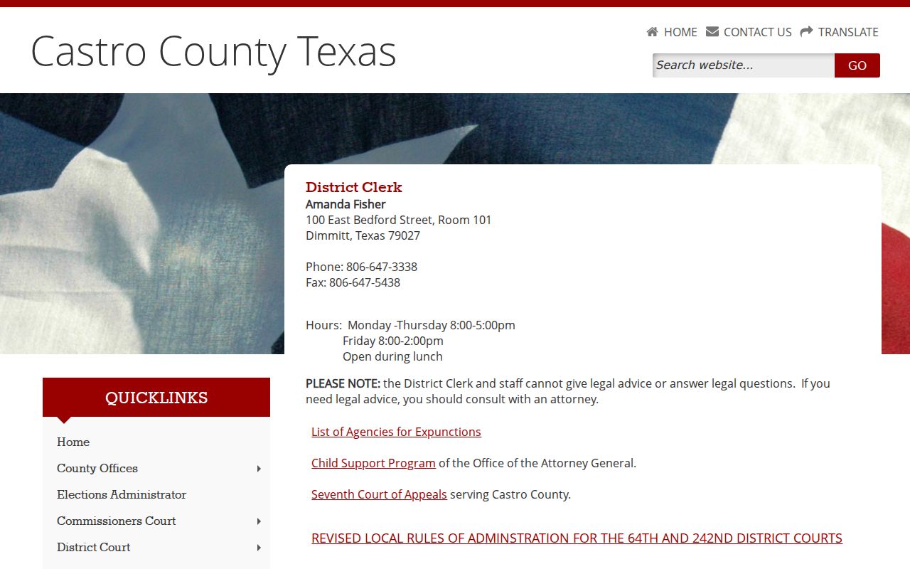 Castro County arrest warrant District Clerk contact block